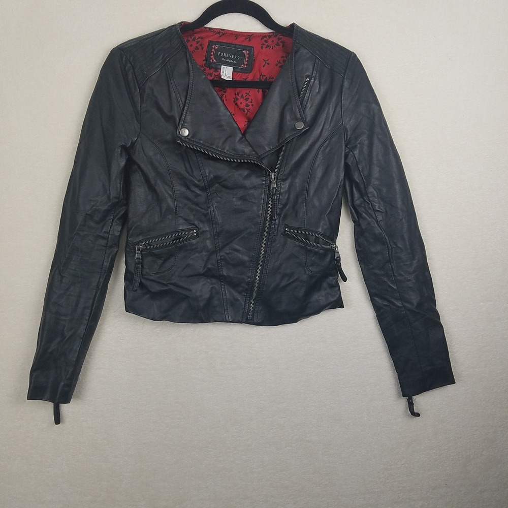 Forever 21 Black Faux Leather Moto Jacket Women's Small grunge goth vntg